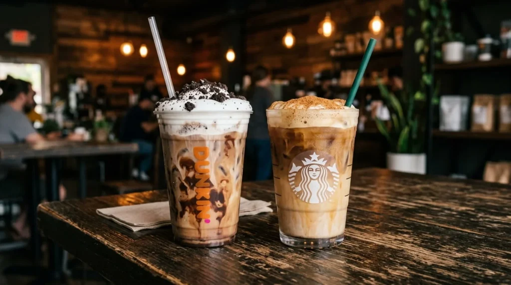 Dunkin OREO Cloud Latte with marshmallow cold foam beside Starbucks Iced Horchata Shaken Espresso
